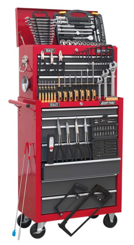 Sealey AP2250BBCOMBO Topchest & Rollcab Combination 14 Drawer with Ball Bearing Slides   Red/Grey & 239pc Tool Kit