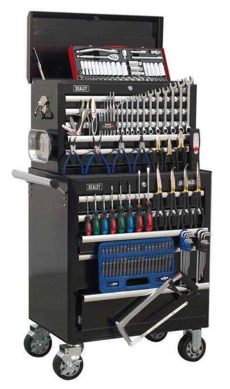 Sealey APCOMBOBBTK56 Topchest & Rollcab Combination 10 Drawer with Ball Bearing Slides   Black with 147pc Tool Kit