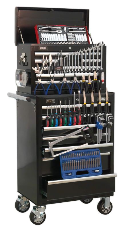 Sealey APCOMBOBBTK58 Topchest & Rollcab Combination 15 Drawer with Ball Bearing Slides   Black & 147pc Tool Kit