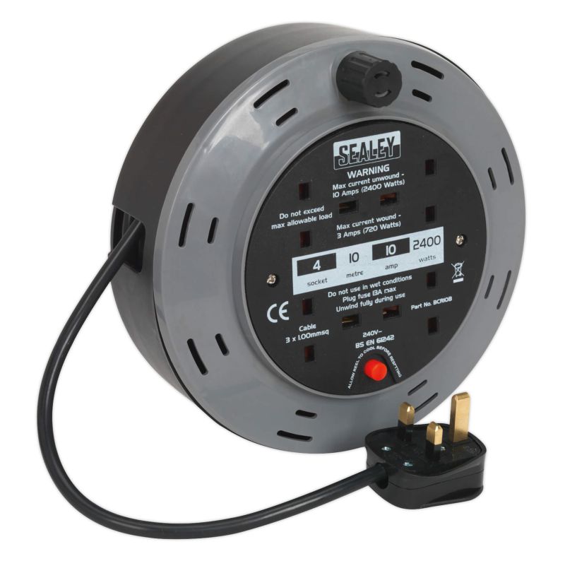 Sealey BCR10B Cassette Type Cable Reel 10mtr 4 x 230V 1.00mm² Thermal Trip