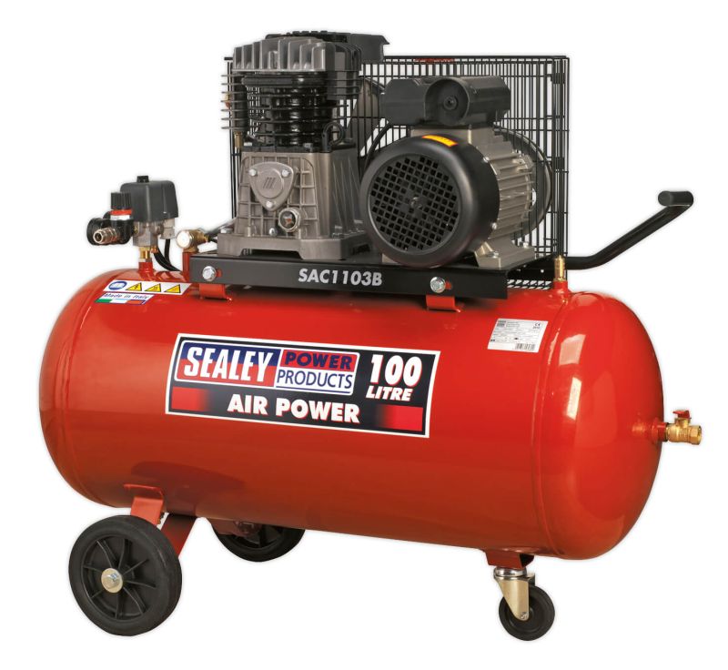 Sealey SAC1103B Compressor 100ltr Belt Drive 3hp with Cast Cylinders & Wheels