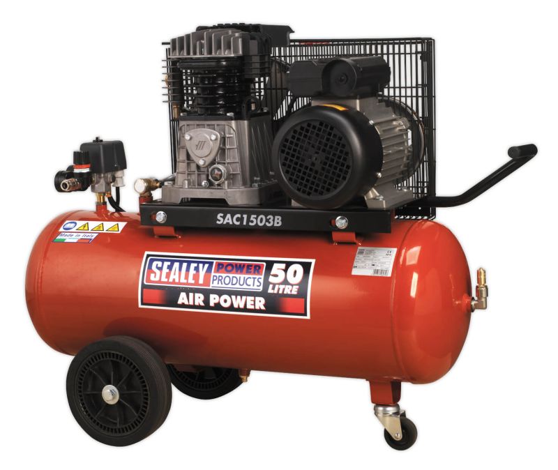 Sealey SAC1503B Compressor 50ltr Belt Drive 3hp with Cast Cylinders & Wheels