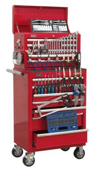 Sealey APCOMBOBBTK57 Topchest & Rollcab Combination 15 Drawer with Ball Bearing Slides   Red & 147pc Tool Kit